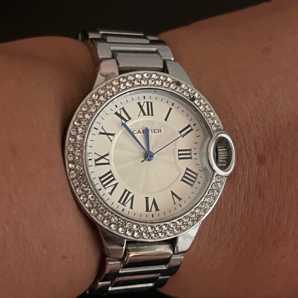 Silver Watch with Crystal Bezel